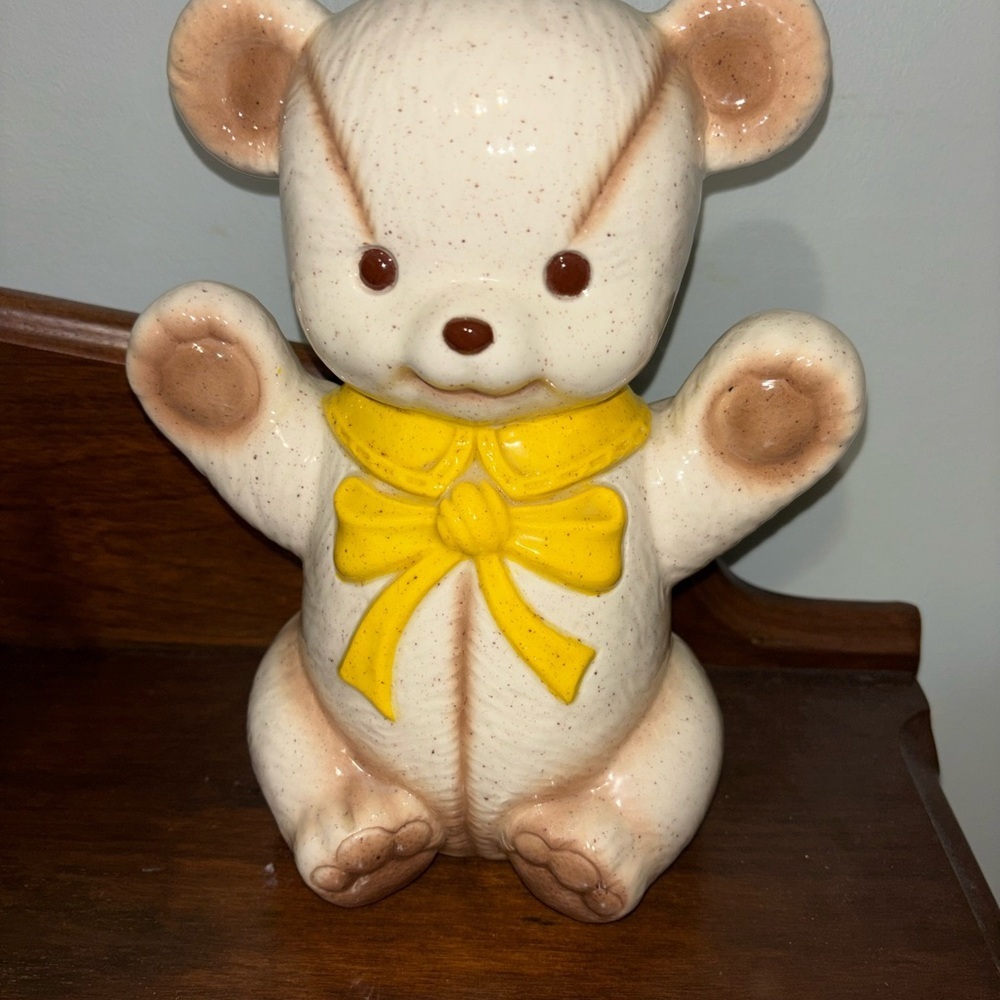 Vintage Cream Brown Ceramic Bear Piggy Bank Figurine with Yellow Bow